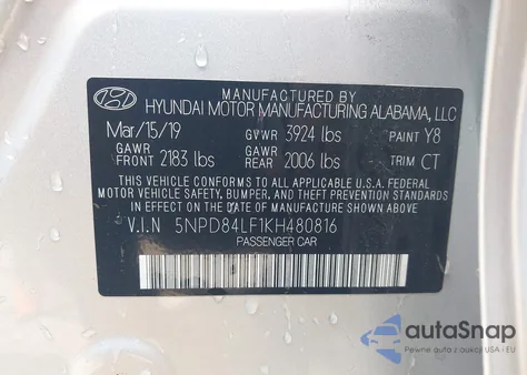 2019 Hyundai Elantra Sel z USA, uszkodzony, nr VIN 5NPD84LF1KH480816